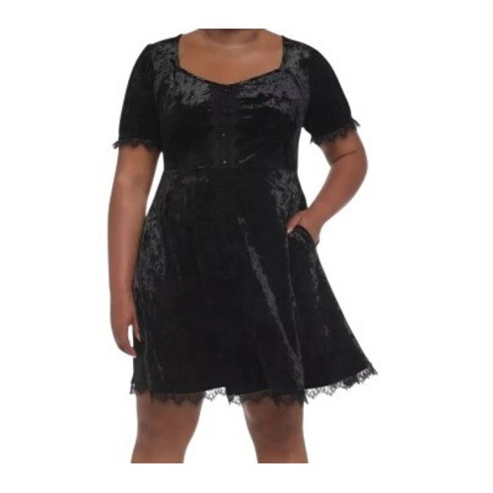 Cosmic Aura Womens S Black Crushed Velvet Lace Puff Sleeve Mini Dress